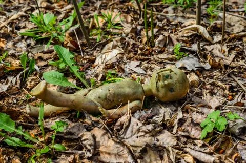 Old broken doll in forest Stock Photos
