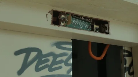 Old Broken Elevator Door is closing, Graffiti Stock Footage 91410581