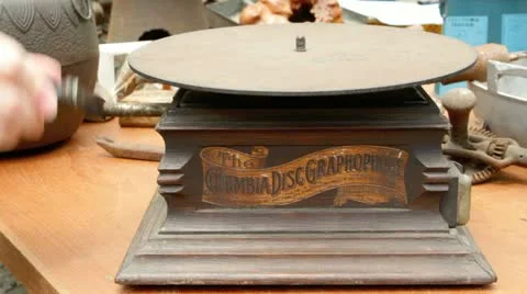 Old broken gramophone at a flea market. Stock Footage 11135441