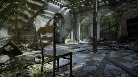 Old broken hall illuminated softly by natural light and decay Stock Footage 330293957