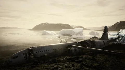 Old broken plane on the beach of Iceland 스톡 일러스트