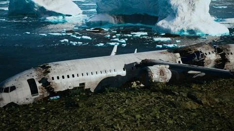 Old broken plane on the beach of Iceland Stock Illustration