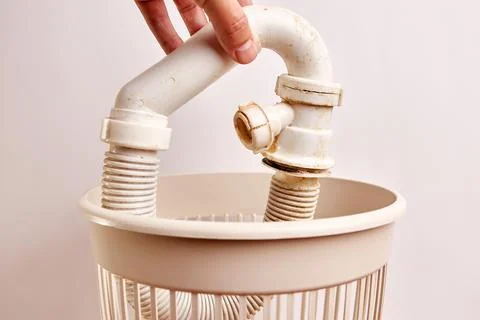 An old broken plastic sewer pipe is thrown into a trash can. Plastic dispos.. Stock Photos