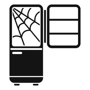 Old broken refrigerator with cobwebs inside is open and empty Stock Illustration