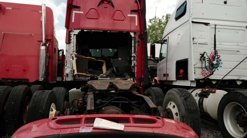 Old Broken Truck in a Scrap Yard near the City. Move camera Stock Footage 158077528