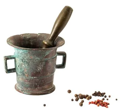 Old bronze mortar for pepper isolate on white background Foto stock