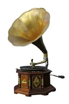 Old bronze phonograph over white background. isolated Stock Photos