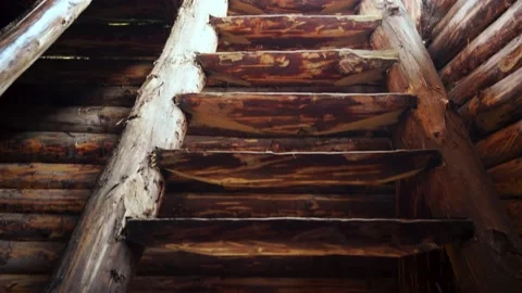 Old brown rough log rustic stairwell descending into darkness Stock Footage 221278131