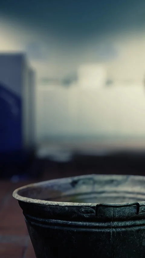 Old bucket on the floor in a kitchen with blurred background and no people Stock Footage 335100521