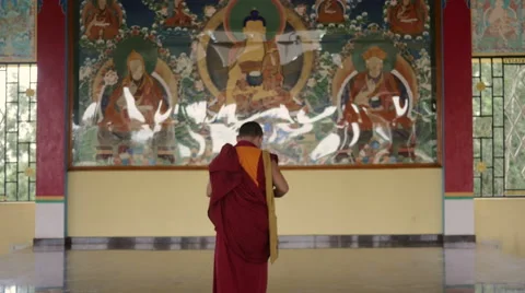 Old Buddhist Monk walking to monastery Stock Footage 60054125
