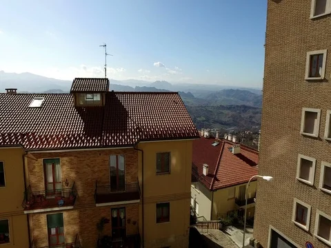 Old building and mountains on background in San Marino,27 February 2017 Stock Footage 73736102
