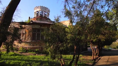 Old building and pine trees under rays of sunlight in spring park on sunny day Stock Footage 74155366