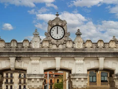 Old building with big clock at train Station in San Sebastian, Spain Stock Photos