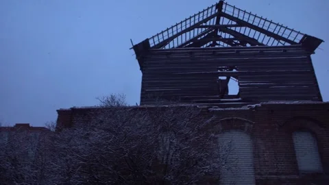 Old building, destroyed. red brick, two-story building Stock Footage 303407270