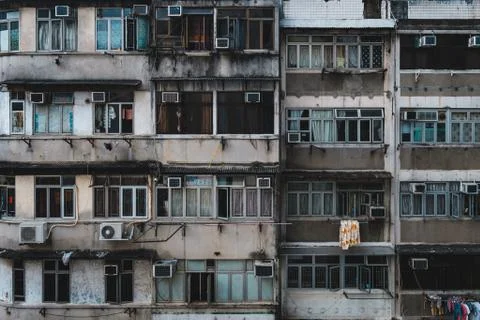 Old building facade, run down house exterior, HongKong - Stock Photos