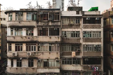 Old building facade, run down house exterior, HongKong - Stock Photos