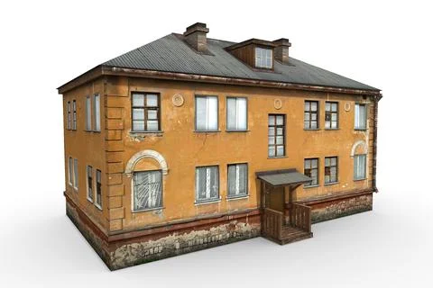 Old building render on a white background. 3D rendering Ilustración de archivo
