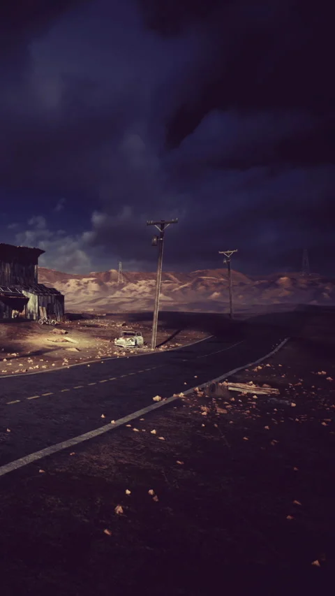 Old building by the road in a deserted landscape with dark clouds Stock Footage 339944118