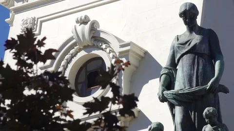 Old building with statue tree Stock Footage 78671479