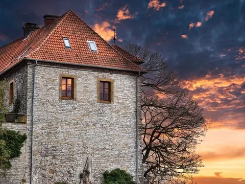 Old building at sunset with a bare tree in the background Stock-Fotos
