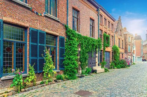 Old buildings with shutter windows and plants on brick walls on cobblestone s Stock Photos