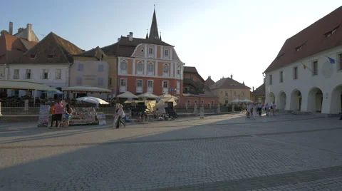 The old buildings of the Small Square in Sibiu Stock Footage 53077369