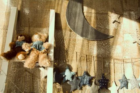 Old burlap background with staircase. Interior wall hanging made of cloth with s Foto stock