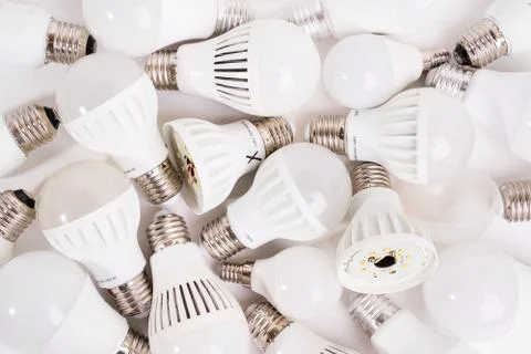 Old burnt LED lamps. Problems of recycling of electrical Damaged light bulbs 스톡 사진
