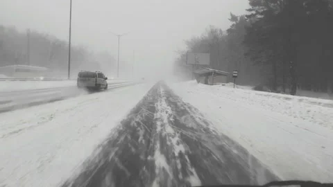 Old Bus And Road Through Snow Stock Footage 148671273
