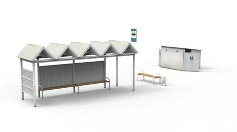 Old bus stop render on a white background. 3D rendering Illustrazione stock