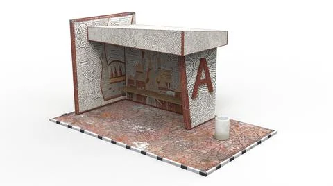 Old bus stop render on a white background. 3D rendering Illustrazione stock