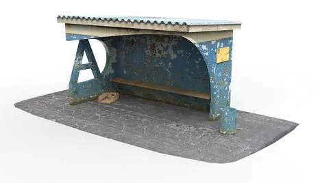 Old bus stop render on a white background. 3D rendering Illustrazione stock