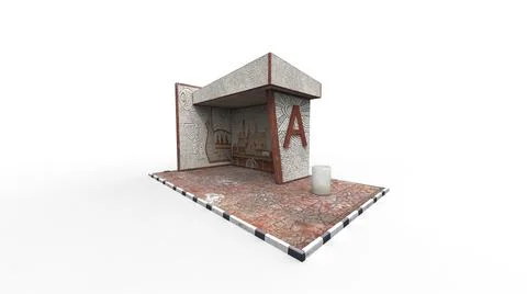 Old bus stop render on a white background. 3D rendering Illustrazione stock