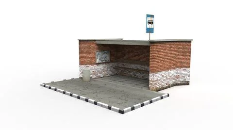 Old bus stop render on a white background. 3D rendering Illustrazione stock
