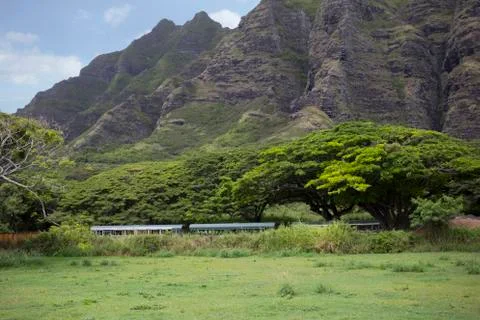 Old Buses parked in Front of Mountains and Lush Forest in Hawaii Stock Photos