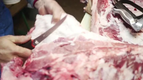 Old butcher cutting big chunk of meat in slow motion Stock Footage 44324945