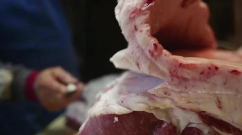 Old butcher separating pig skin fat from meat in slow motion Stock Footage 44325134