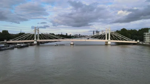 Old cable-stayed Albert Bridge, boats moored at bank Vídeos de archivo 160172198