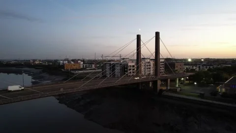 Old cable stayed bridge over Usk river in town Stock-Footage 166586709
