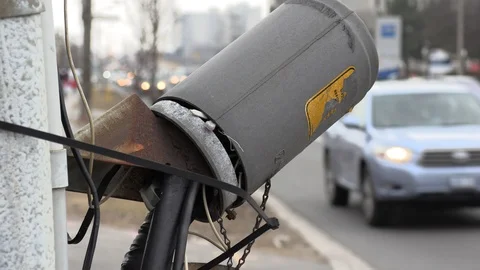 Old cable TV wiring infrastructure on pole in city street with wires and cables Stock Footage 105938706