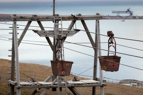 Old cable way for transportation of coal in Longyearbyen, Svalbard Stock Photos