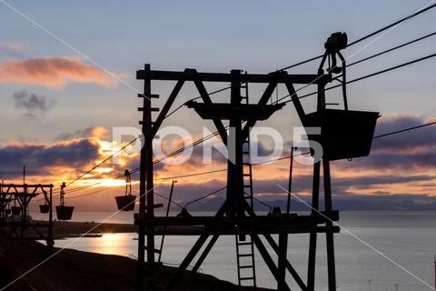 Old cableway for transporting coal in Longyearbyen, Svalbard Stock Photos