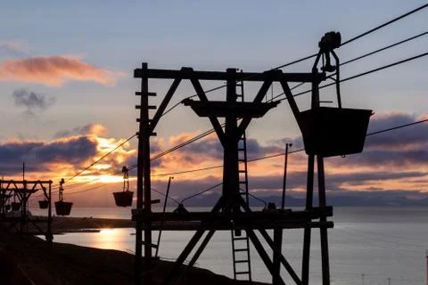 Old cableway for transporting coal in Longyearbyen, Svalbard Stock Photos