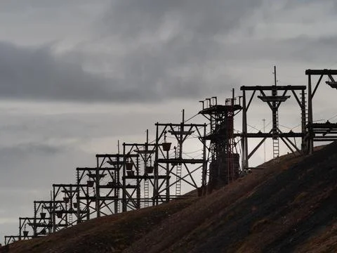 Old cableway for transporting coal from mines in Longyearbyen - the most Nort Stock Photos