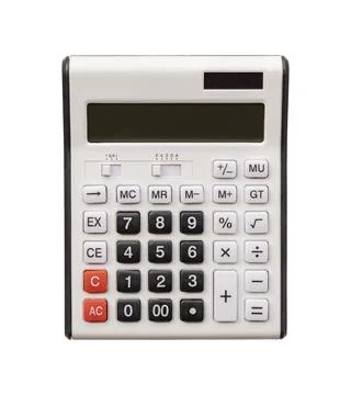 Old calculator isolated on white background. A used calculator. Stock Photos