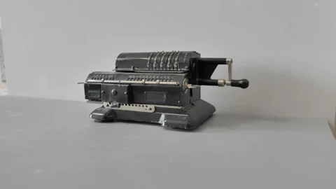 Old Calculator Machine. Slider Shot Stock Footage 153835325