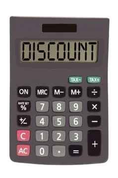 Old calculator on white background showing text "discount" Stockillustratie