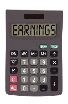 Old calculator on white background showing text "earnings" Stockillustratie