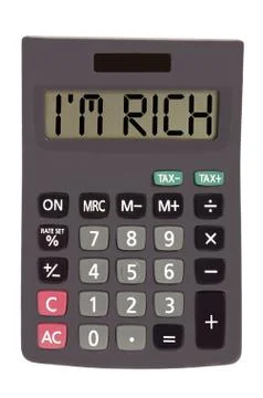 Old calculator on white background showing text "i'm rich" Stockillustratie