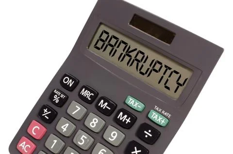 Old calculator on white background showing text "bankruptcy" in perspective Stock Illustration
